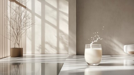 Poster - Glass of milk splashing, sunlit minimalist room.