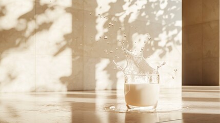 Poster - Milk splashing in glass, sunlit scene.