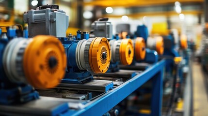 Poster - Industrial machinery with orange motors in a factory setting