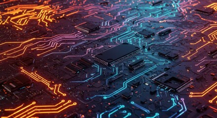 Poster - An abstract close-up image of a dark circuit board with glowing orange and blue lines and components