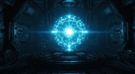 Poster - A glowing, spherical energy core pulsates within a futuristic, industrial chamber, surrounded by intricate machinery and conduits