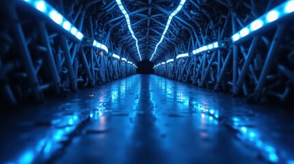 Poster - A futuristic tunnel illuminated by blue neon lights stretches into the darkness