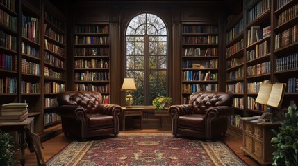 Aufkleber - Luxurious library interior with two leather armchairs, bookshelves, and a large window overlooking autumn foliage.