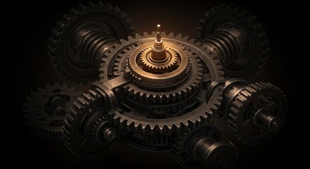 Poster - A detailed, close-up photograph of a complex arrangement of gears and cogs, rendered in a dark and metallic style with a single, glowing light source at the center