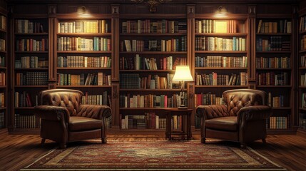 Poster - Luxurious library interior with leather armchairs, wooden bookshelves, and antique books.