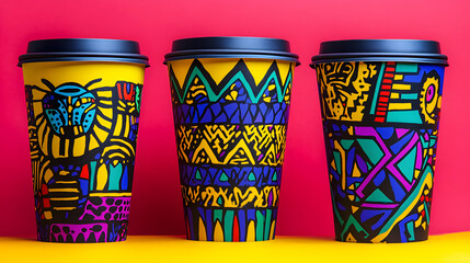 Poster - Colorful coffee cups with artistic designs on vibrant background