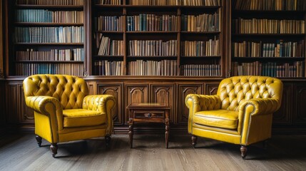 Aufkleber - Two yellow leather armchairs face a wooden table in a library with antique bookshelves.