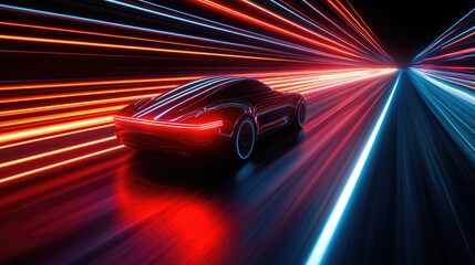 Poster - Dynamic sports car racing through neon lights urban environment digital artwork nighttime perspective
