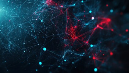 Poster - Abstract Network of Glowing Blue and Red Particles in Dark Space