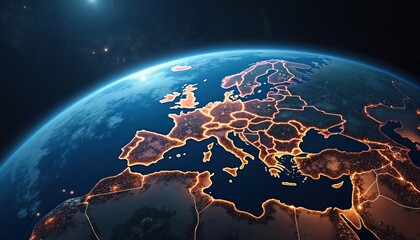 Poster - Stunning view of Earth from space. Europe highlighted by glowing city lights. Digital network connections, illuminating urban areas, global communications, night atmosphere. Modern tech, internet.