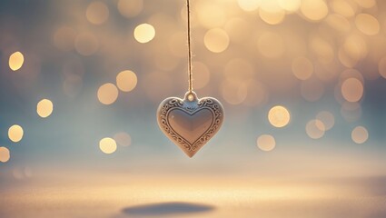 Poster - Hanging heart ornament glows softly against a dreamy background of blurred lights