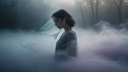 Poster - mysterious woman in ethereal fog wearing veil amidst tranquil forest setting at dawn