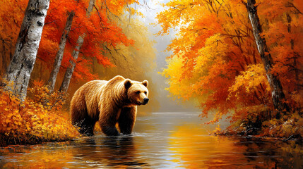 Poster - Grizzly bear in autumn forest by a reflective river