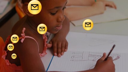 Poster - In school, child drawing in notebook with animation of email icons floating