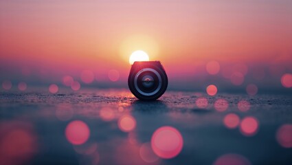 Poster - Bright sunset with soft focus light creating a dreamy atmosphere above a camera lens and a colorful blurred background