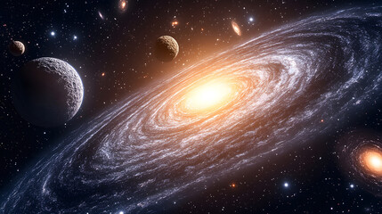 Poster - Cosmic view of a galaxy surrounded by planets and stars