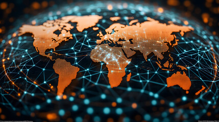 Poster - Digital world map with network connections and glowing nodes