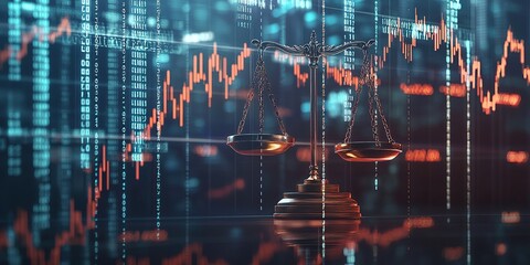 Poster - Scales of Justice and Financial Data: A Dark Blue and Orange Digital Background