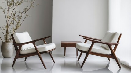 Poster - Two mid-century modern armchairs with white cushions and a small wooden side table in a minimalist room.