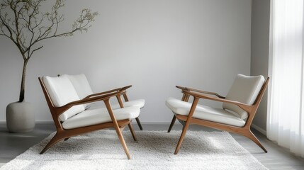 Poster - Two mid-century modern armchairs with white cushions and wooden frames in a minimalist room.