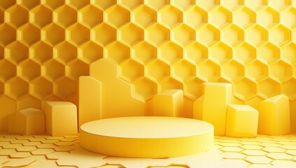 Poster - Yellow Honeycomb Geometric Background with 3D Podium