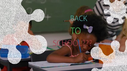 Poster - Writing at school desk, children with Back to School animation overlay