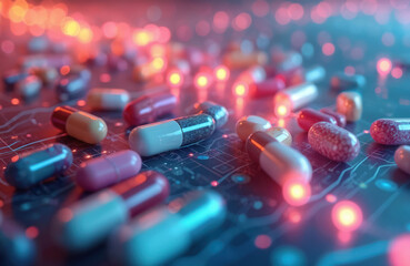 Aufkleber - Colorful capsules, tablets arranged on digital interface with vibrant lights. Illustration for pharmacokinetics, molecular pathways, medical research, pharmaceutical industry. Medicine, health,