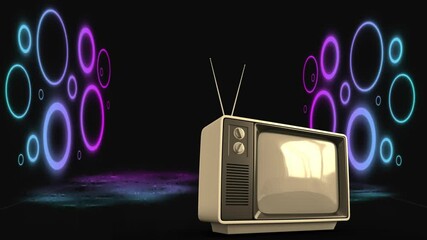 Poster - Glowing neon circles surrounding retro television set in dark background