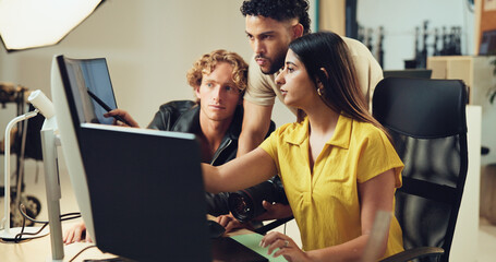 Aufkleber - People, computer and teamwork for photoshoot in studio for production results, talking and review. Staff, producer and group to check for fashion photography, magazine catalog and filming process
