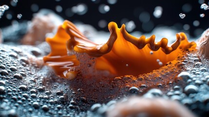 Wall Mural - Abstract orange liquid splash in bubbling water on dark surface