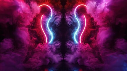 Wall Mural - neon light swirls in smoky mirrored background