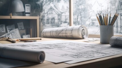 Architectural blueprints and sketches on a wooden desk, with a sunny outdoor view of houses in the background