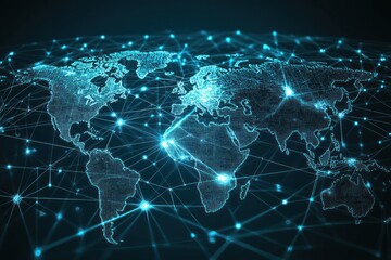 Poster - Digital world map with interconnected nodes and lines representing data flow