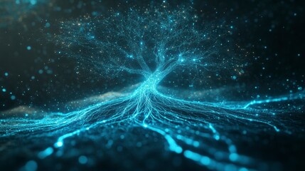 Aufkleber - Abstract glowing tree with intricate roots and branches, digital art.