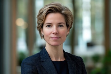 Poster - Professional woman in a modern office setting, focused and confident