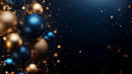 Poster - Elegant blue and gold Christmas ornaments with bokeh effect on dark background.