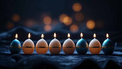Poster - Colorful candles shaped like eggs illuminate a dark setting with warm bokeh lights creating a cozy atmosphere