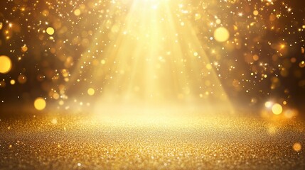 Poster - Sparkling golden background with light rays and bokeh effect, perfect for festive designs.