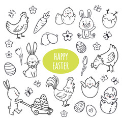 Wall Mural - set of easter elements on white background for your design. easter bunny, hens, rooster and eggs in 