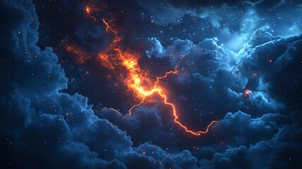 Poster - Fiery orange and blue lightning strike through dark clouds.
