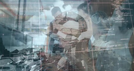 Poster - Geometric shapes and data processing animation over people working in office