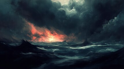 Poster - Dark apocalyptic landscape with fiery sunset and ominous clouds.