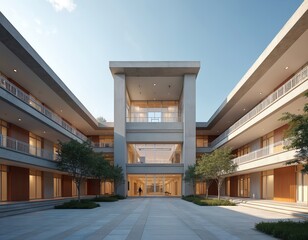 Poster - Modern school building exterior with clean lines spacious design. Architectural structure, contemporary education facility with open-air courtyard, trees. Facades, windows, entrance, learning