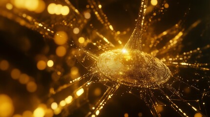 Poster - Abstract golden particle design, glowing lights, dark background.