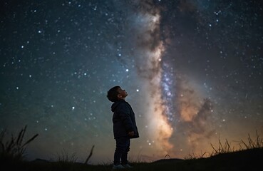 Aufkleber - Young child stands under night sky filled with stars, Milky Way galaxy, looking in amazement. Boy, explores universe, experiences celestial beauty, wonders far space holds. Dreamy nightscape,