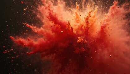Poster - Abstract illustration of red gold dust explosion against dark backdrop. Dynamic burst frozen in time. High-speed photography texture, motion, impact, energy. Graphic design element for posters,