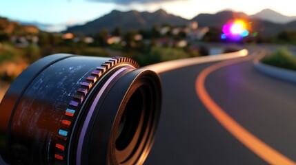 Wall Mural - Futuristic camera lens on winding road, sunset over city