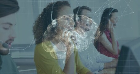Poster - Customer service team working with digital brain network overlay animation