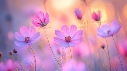 Aufkleber - Cosmos flowers sway gently in the morning breeze, illuminated by warm hues of sunrise. Their petals reflect pink and lavender tones, creating a tranquil, dreamy atmosphere in the meadow