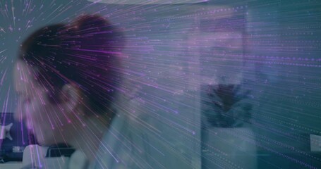 Poster - Colorful light streaks animation over people working in modern office environment